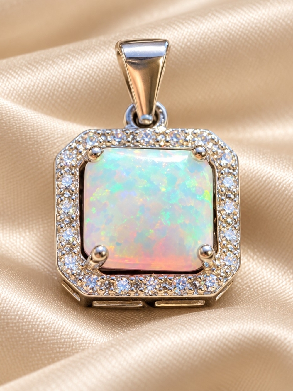Opal With Moissanite Halo Pendant Set In 925 Sterling Silver GRA CERTIFIED